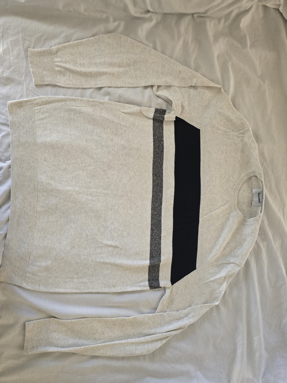Light Grey Crewneck Sweater with Black and Gray Stripes